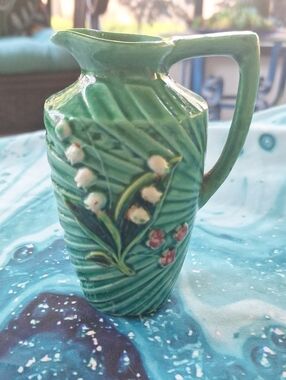 Art Deco Small Green Floral Ceramic Pitcher Vase